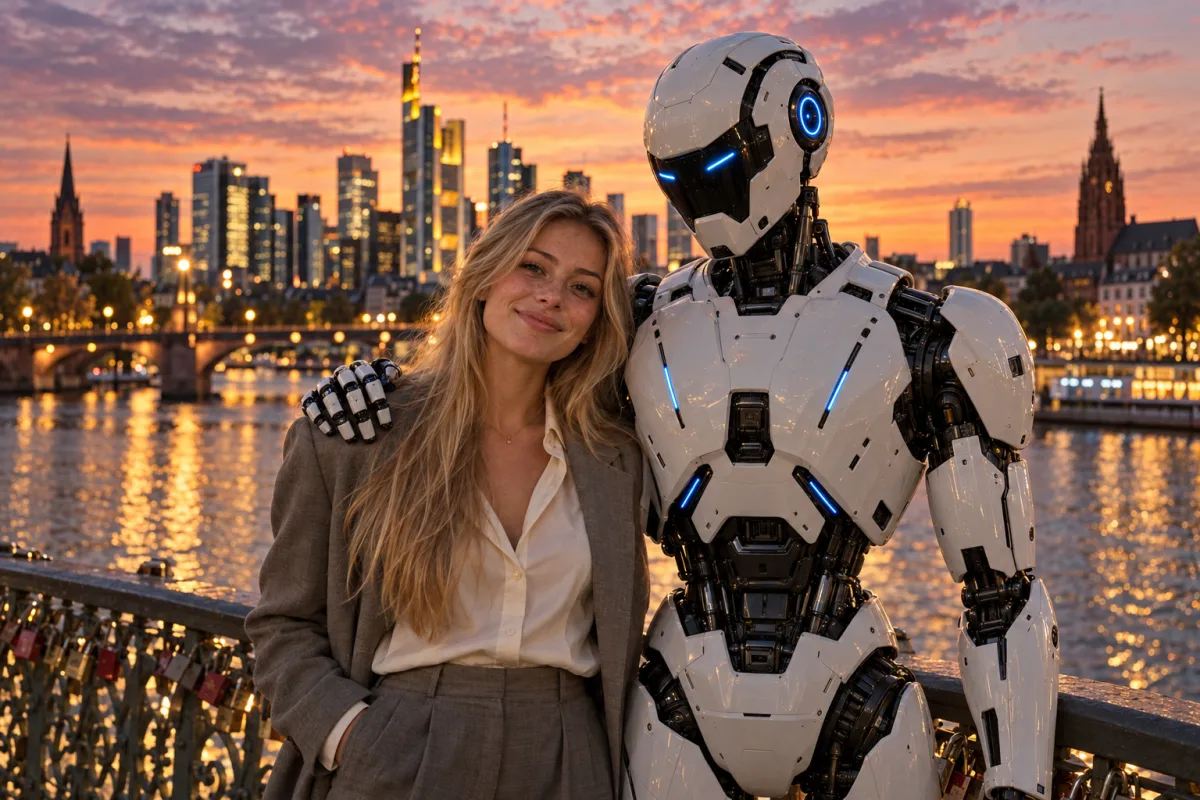 KI-Agentur Frankfurt: Mensch und Roboter vor der Frankfurter Skyline am Main