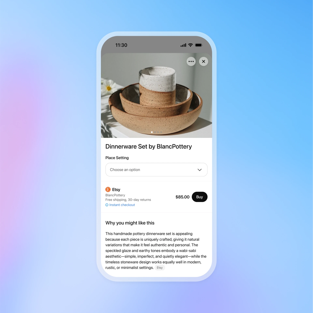 ChatGPT zeigt Produktdetails im Chat mit Kauf-Button („Buy") für Instant Checkout (hier ein Frühstücks-Set).